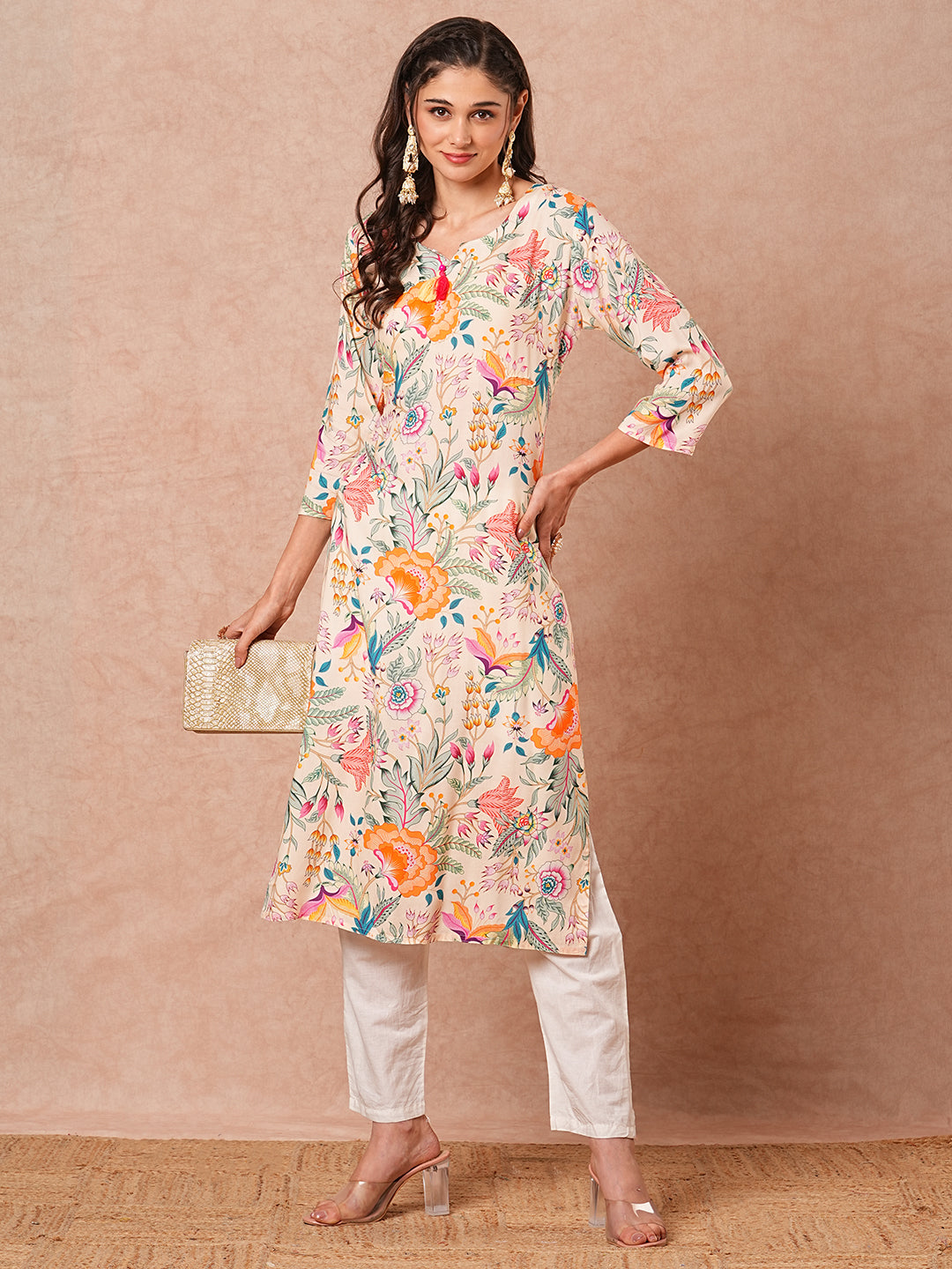 Abstract Floral Printed Straight Fit Kurta - Cream