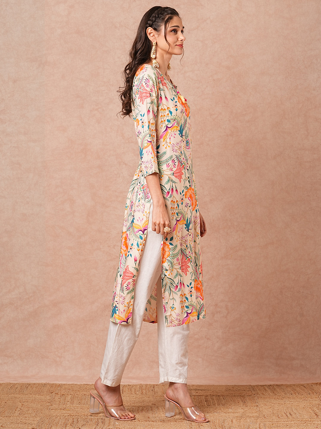 Abstract Floral Printed Straight Fit Kurta - Cream