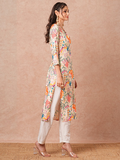 Abstract Floral Printed Straight Fit Kurta - Cream
