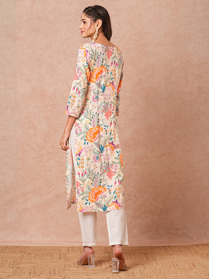 Abstract Floral Printed Straight Fit Kurta - Cream