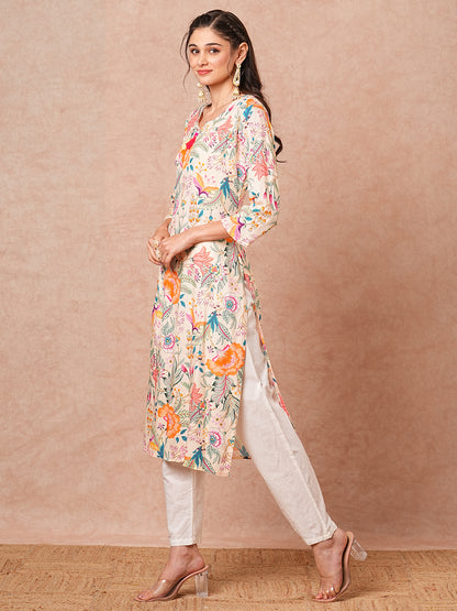 Abstract Floral Printed Straight Fit Kurta - Cream