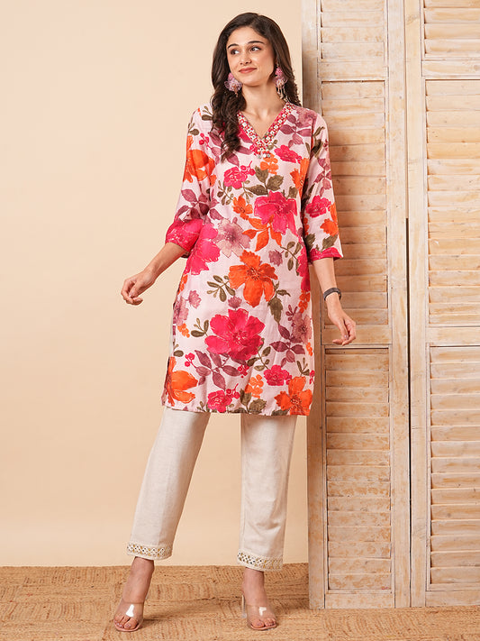 Abstract Floral Foil Printed & Mirror Embroidered Straight Fit Kurta - Pink