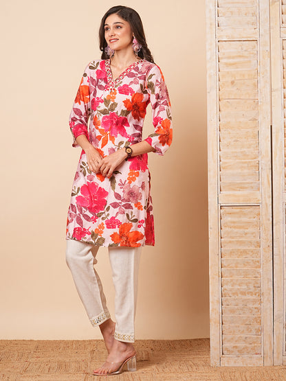 Abstract Floral Foil Printed & Mirror Embroidered Straight Fit Kurta - Pink