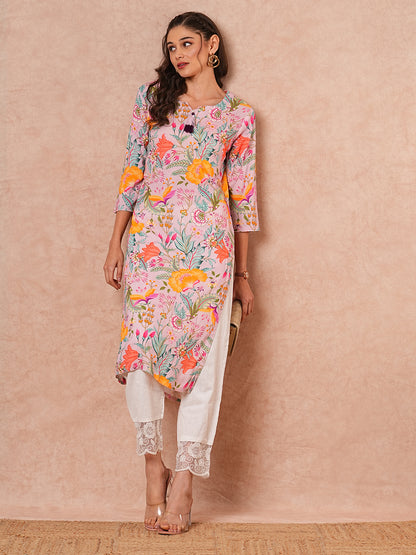 Abstract Floral Printed Straight Fit Kurta - Lavender