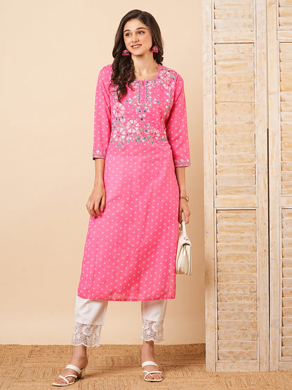 Ethnic Khari Printed & Embroidered Straight Fit Kurta - Pink