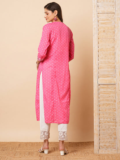 Ethnic Khari Printed & Embroidered Straight Fit Kurta - Pink