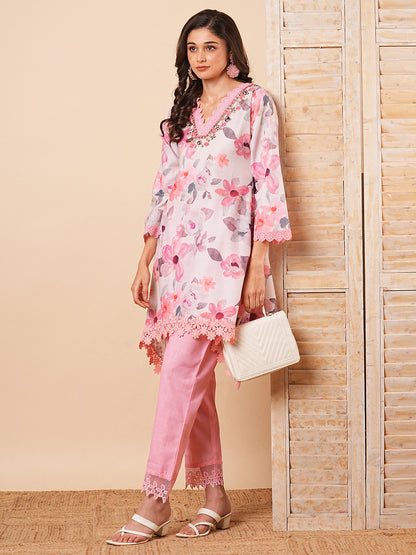 Floral Foil Printed & Embroidered A-Line High-Low Kurta with Pant - Off White