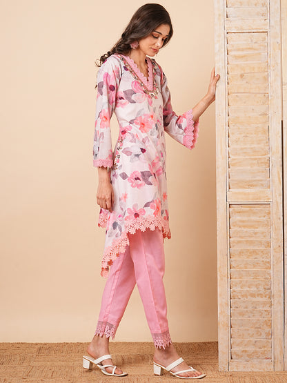 Floral Foil Printed & Embroidered A-Line High-Low Kurta with Pant - Off White