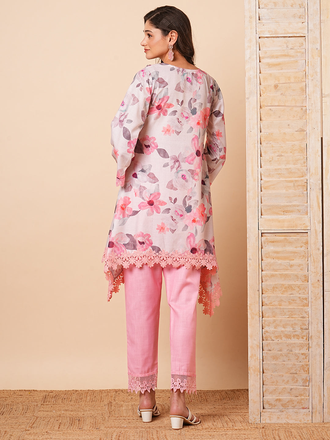 Floral Foil Printed & Embroidered A-Line High-Low Kurta with Pant - Off White