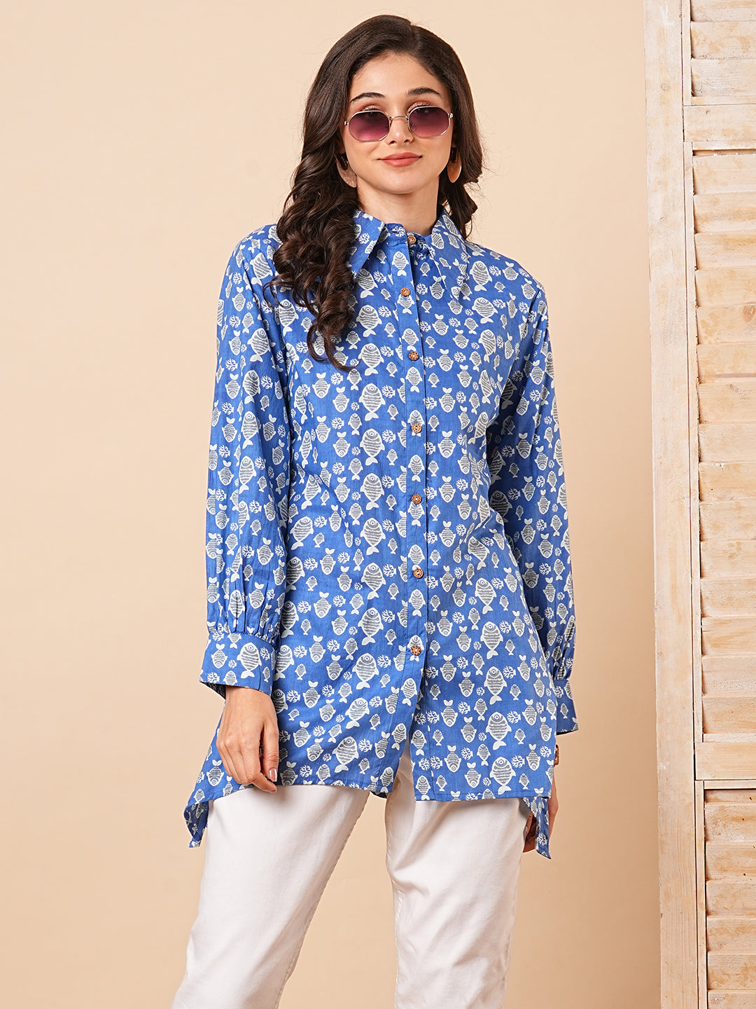 Ethnic Fish Motif Printed A-Line Cotton Shirt - Blue