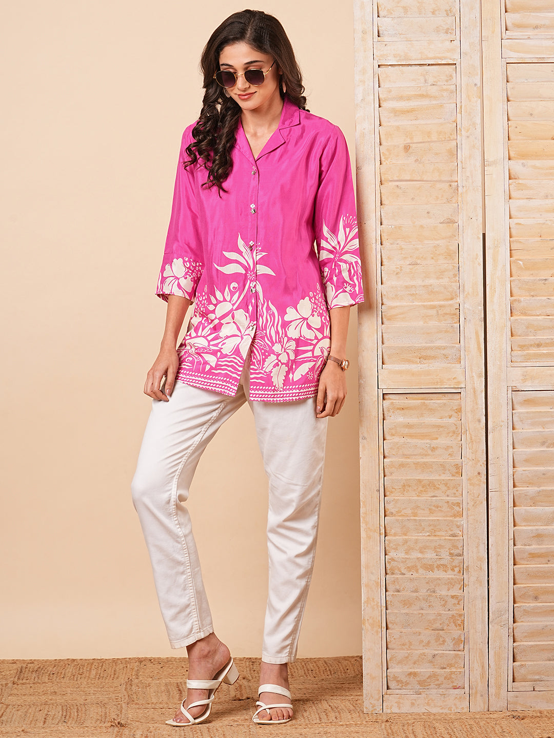 Floral Abstract Printed Straight Fit Kurti - Pink