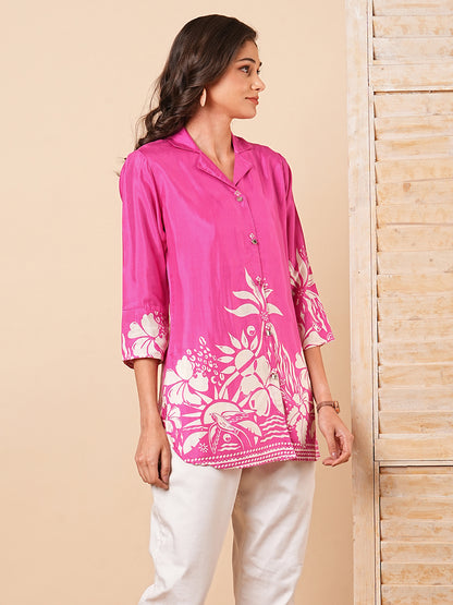 Floral Abstract Printed Straight Fit Kurti - Pink