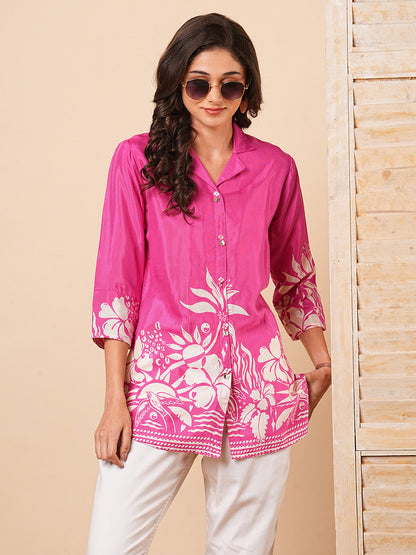 Floral Abstract Printed Straight Fit Kurti - Pink