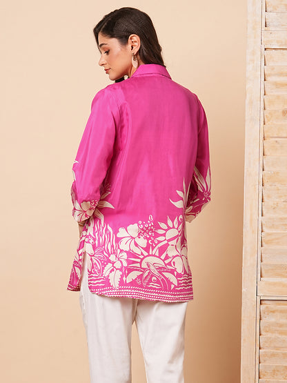 Floral Abstract Printed Straight Fit Kurti - Pink