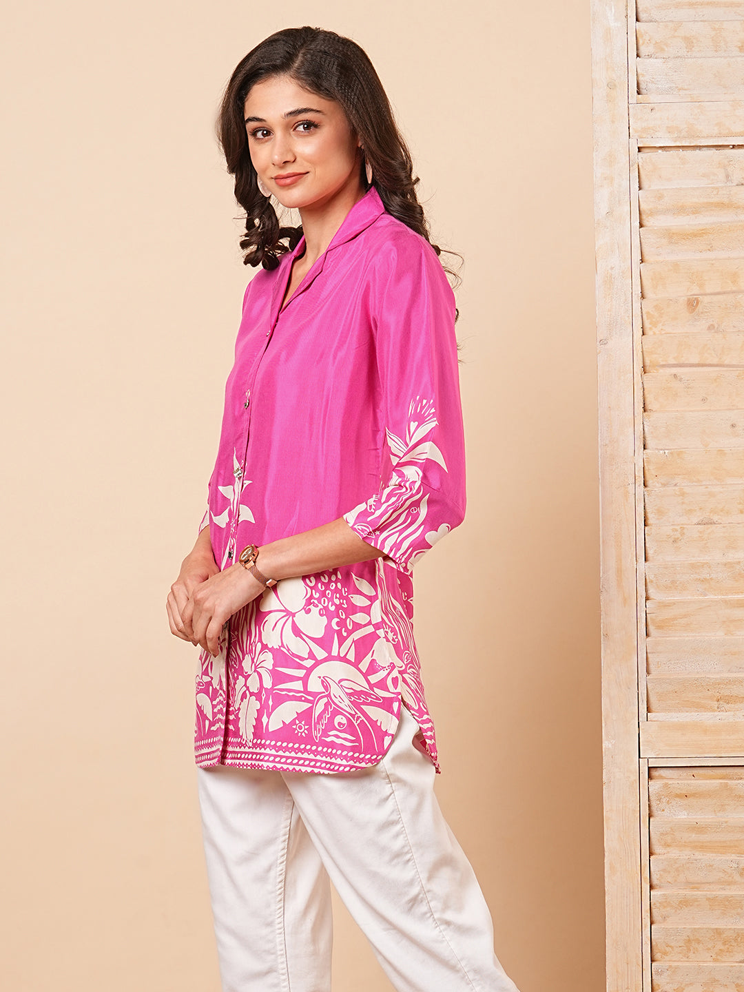 Floral Abstract Printed Straight Fit Kurti - Pink