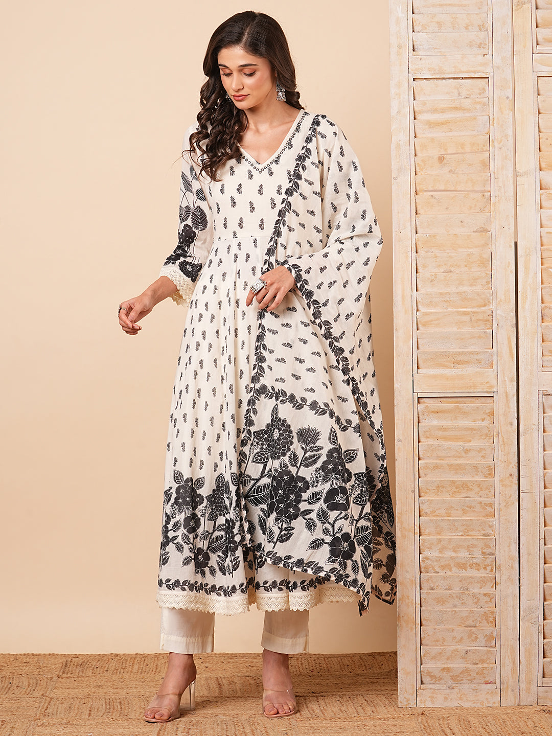 Floral Printed & Embroidered Anarkali with Pant & Pure Cotton Dupatta - Off White