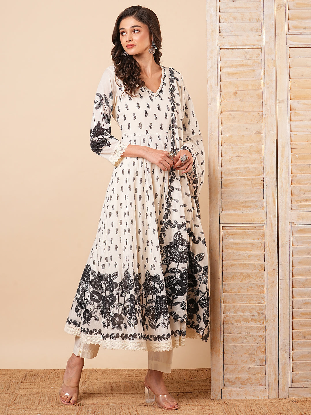 Floral Printed & Embroidered Anarkali with Pant & Pure Cotton Dupatta - Off White