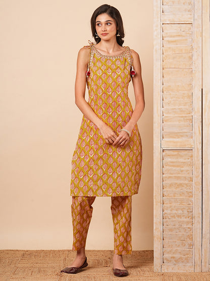 Ethnic Leaf Printed & Embroidered Straight Fit Co-ord Set - Mustard