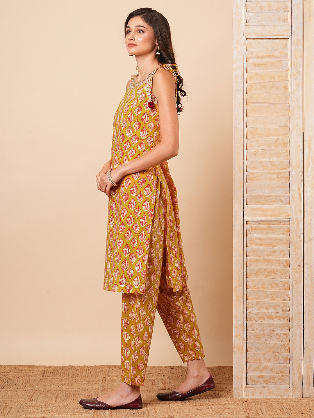 Ethnic Leaf Printed & Embroidered Straight Fit Co-ord Set - Mustard