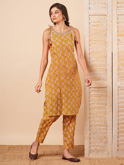 Ethnic Leaf Printed & Embroidered Straight Fit Co-ord Set - Mustard