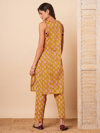 Ethnic Leaf Printed & Embroidered Straight Fit Co-ord Set - Mustard