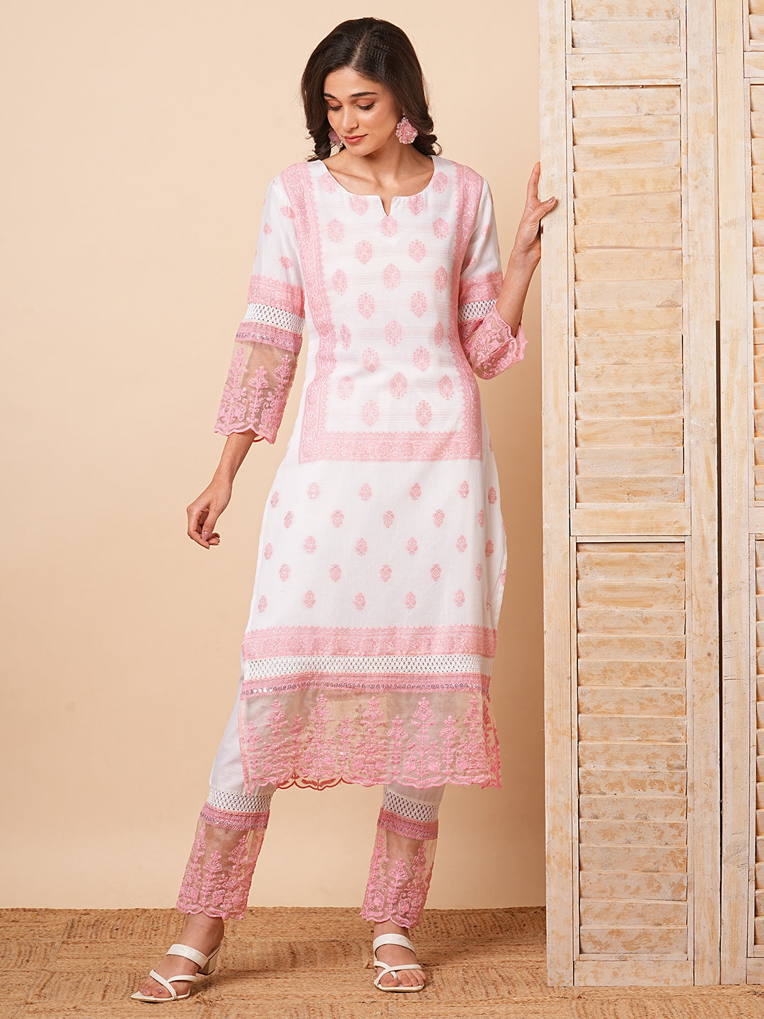 Ethnic Floral Jacquard Straight Fit Kurta with Pant - Off White