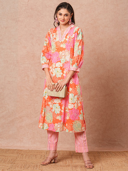 Floral Printed A-Line Paneled Kurta with Striped Pant - Pink