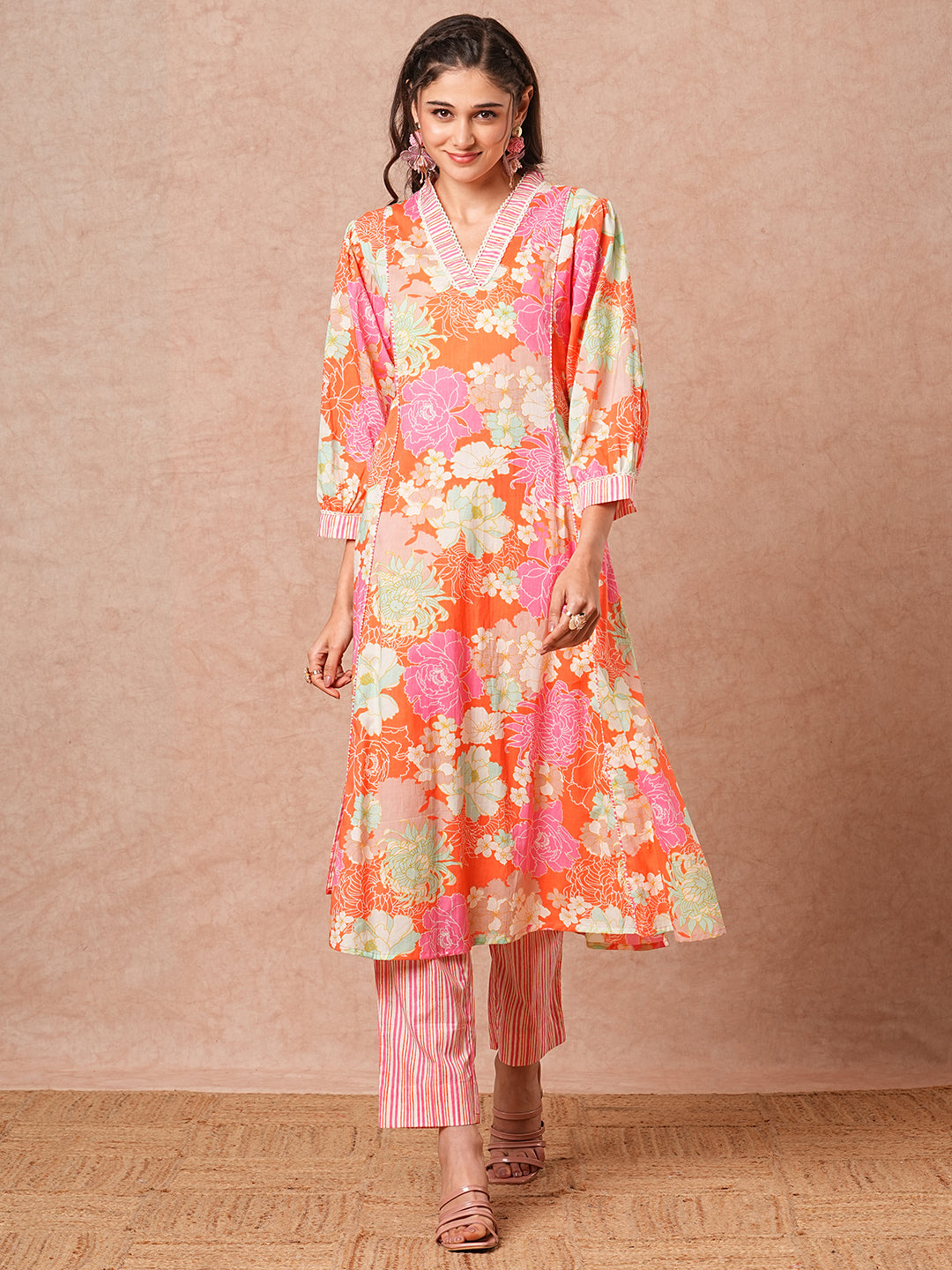 Floral Printed A-Line Paneled Kurta with Striped Pant - Pink