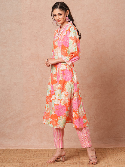 Floral Printed A-Line Paneled Kurta with Striped Pant - Pink