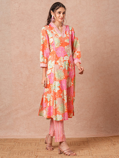 Floral Printed A-Line Paneled Kurta with Striped Pant - Pink