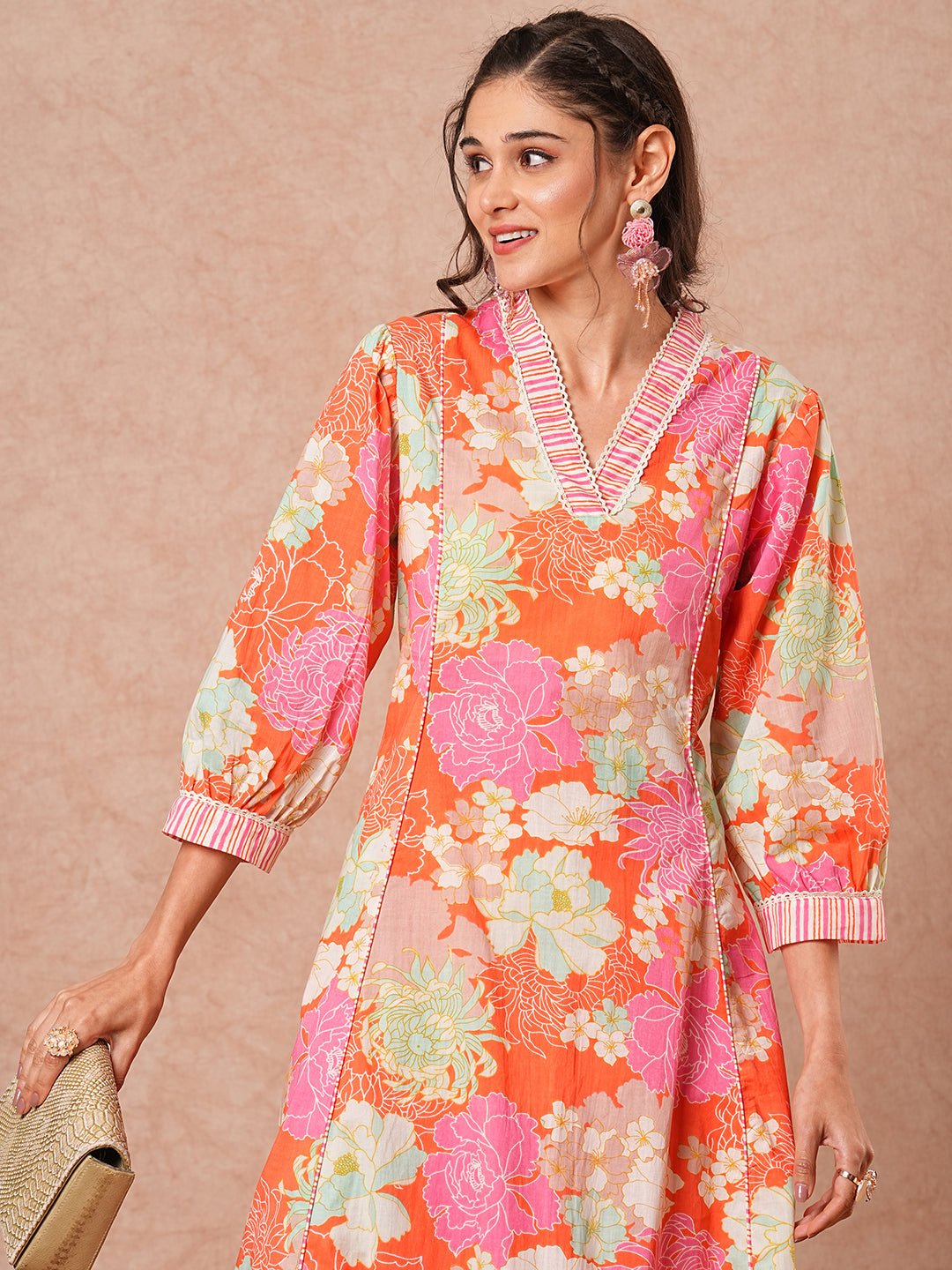 Floral Printed A-Line Paneled Kurta with Striped Pant - Pink