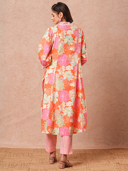 Floral Printed A-Line Paneled Kurta with Striped Pant - Pink