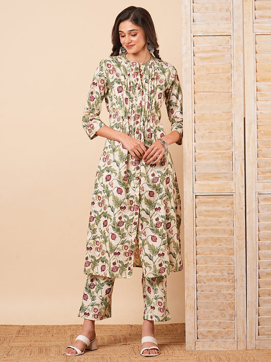 Floral Printed Pin Tucked A-Line Co-ord Set - Off White