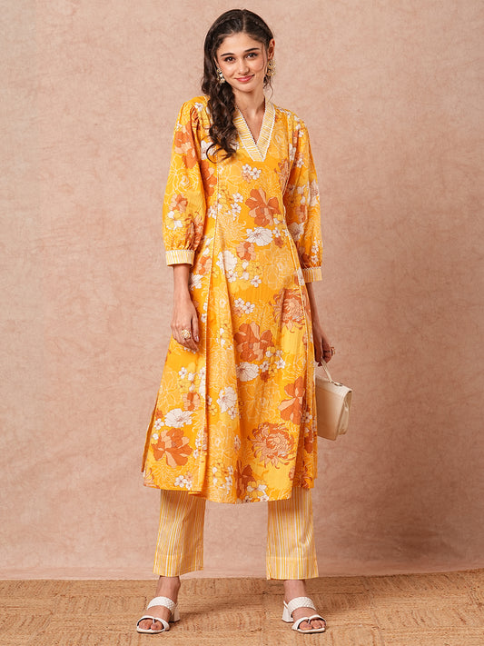 Floral Printed A-Line Paneled Kurta with Striped Pant - Yellow