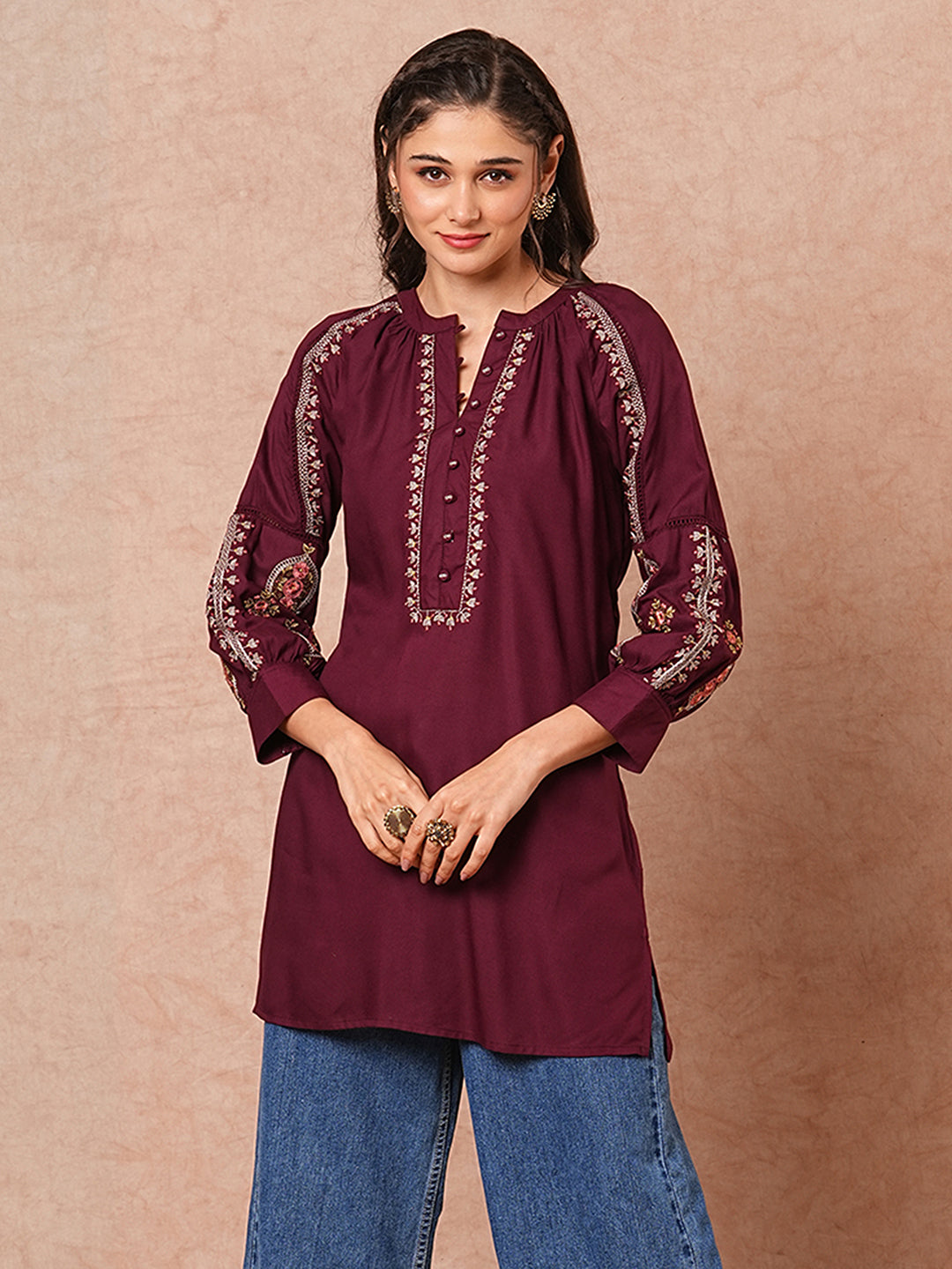 Floral Embroidered Solid Straight Fit Kurti - Burgundy