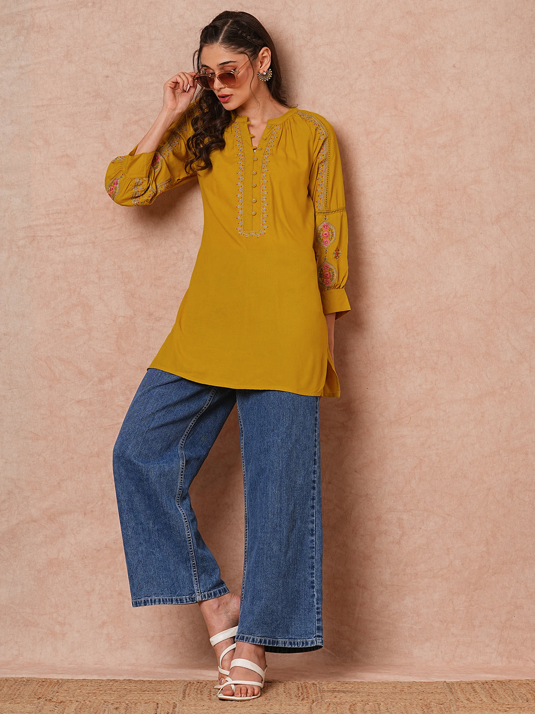 Resham & Zari Floral Embroidered A-Line Short Kurti - Mustard