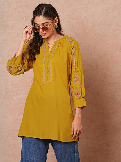 Resham & Zari Floral Embroidered A-Line Short Kurti - Mustard