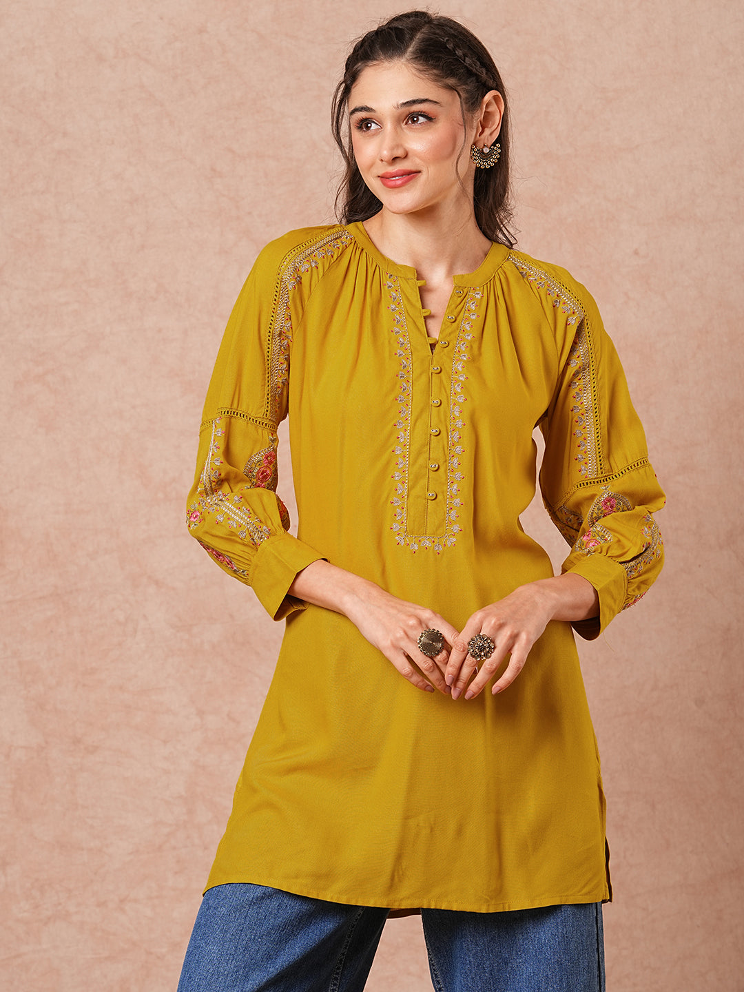 Resham & Zari Floral Embroidered A-Line Short Kurti - Mustard