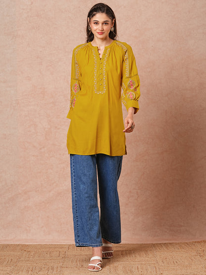 Resham & Zari Floral Embroidered A-Line Short Kurti - Mustard