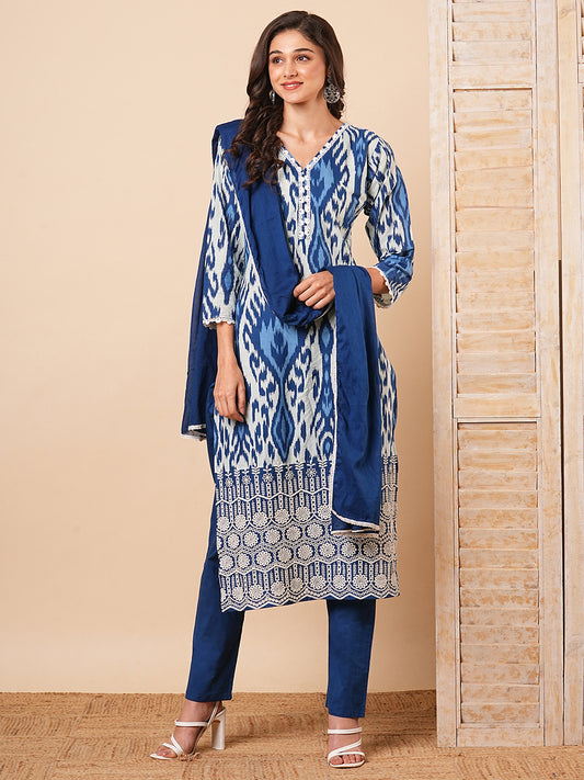 Ethnic Ikat Printed Schiffli Embroidered Straight Kurta with Pant & Dupatta - Blue