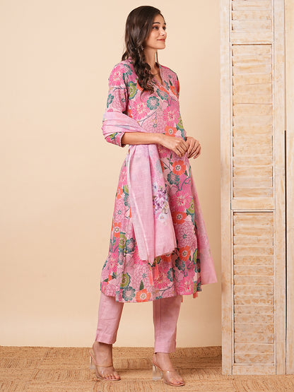 Floral Printed A-Line Paneled Kurta with Pant & Dupatta - Pink