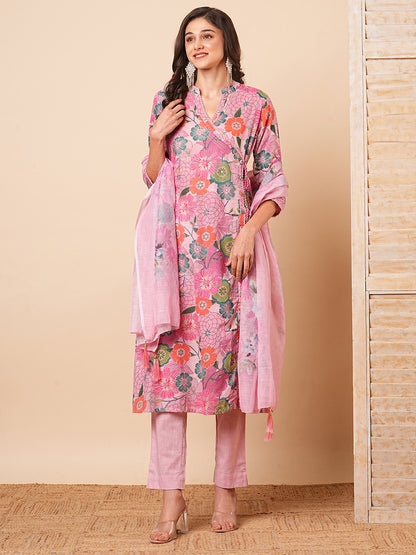 Floral Printed A-Line Paneled Kurta with Pant & Dupatta - Pink