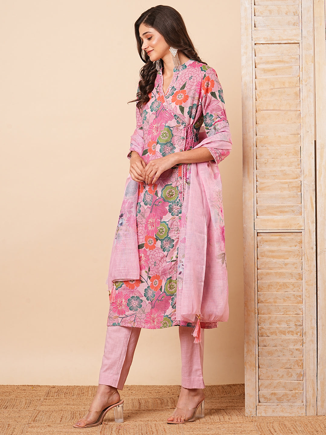 Floral Printed A-Line Paneled Kurta with Pant & Dupatta - Pink