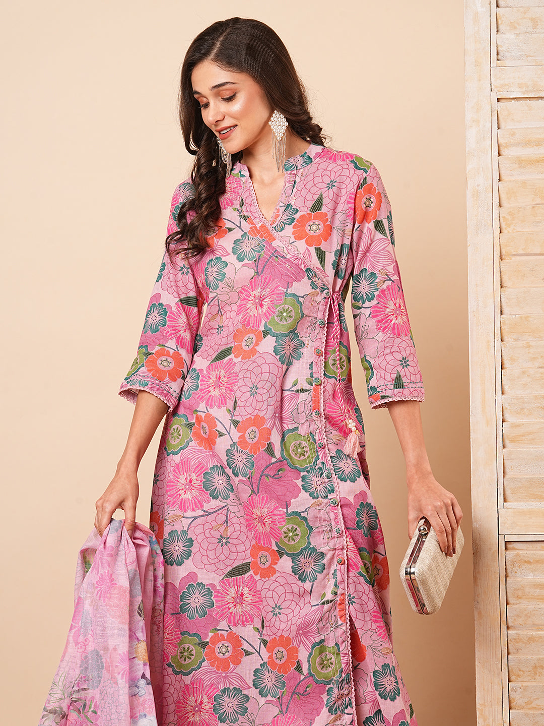 Floral Printed A-Line Paneled Kurta with Pant & Dupatta - Pink