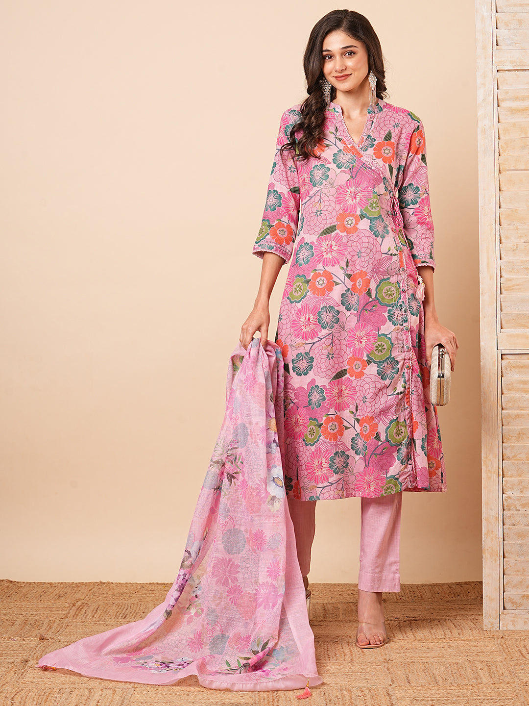 Floral Printed A-Line Paneled Kurta with Pant & Dupatta - Pink