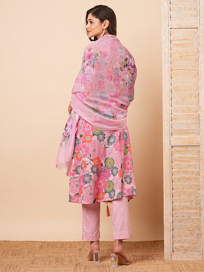 Floral Printed A-Line Paneled Kurta with Pant & Dupatta - Pink