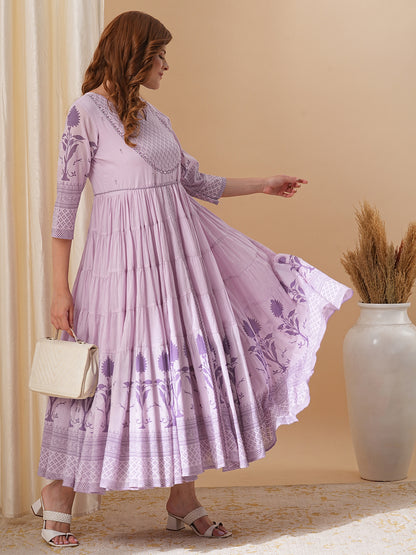 Floral Block Printed & Embroidered A-Line Tiered Flared Maxi Dress - Lavender