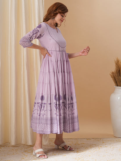 Floral Block Printed & Embroidered A-Line Tiered Flared Maxi Dress - Lavender