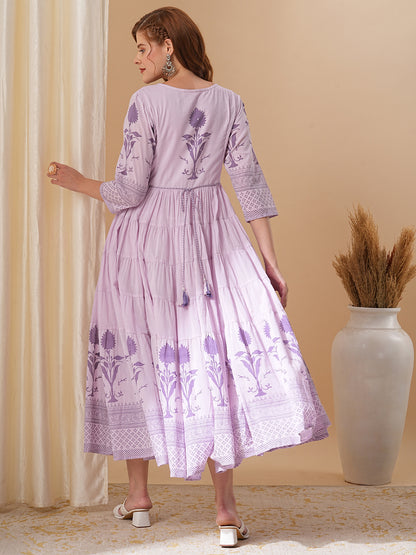 Floral Block Printed & Embroidered A-Line Tiered Flared Maxi Dress - Lavender