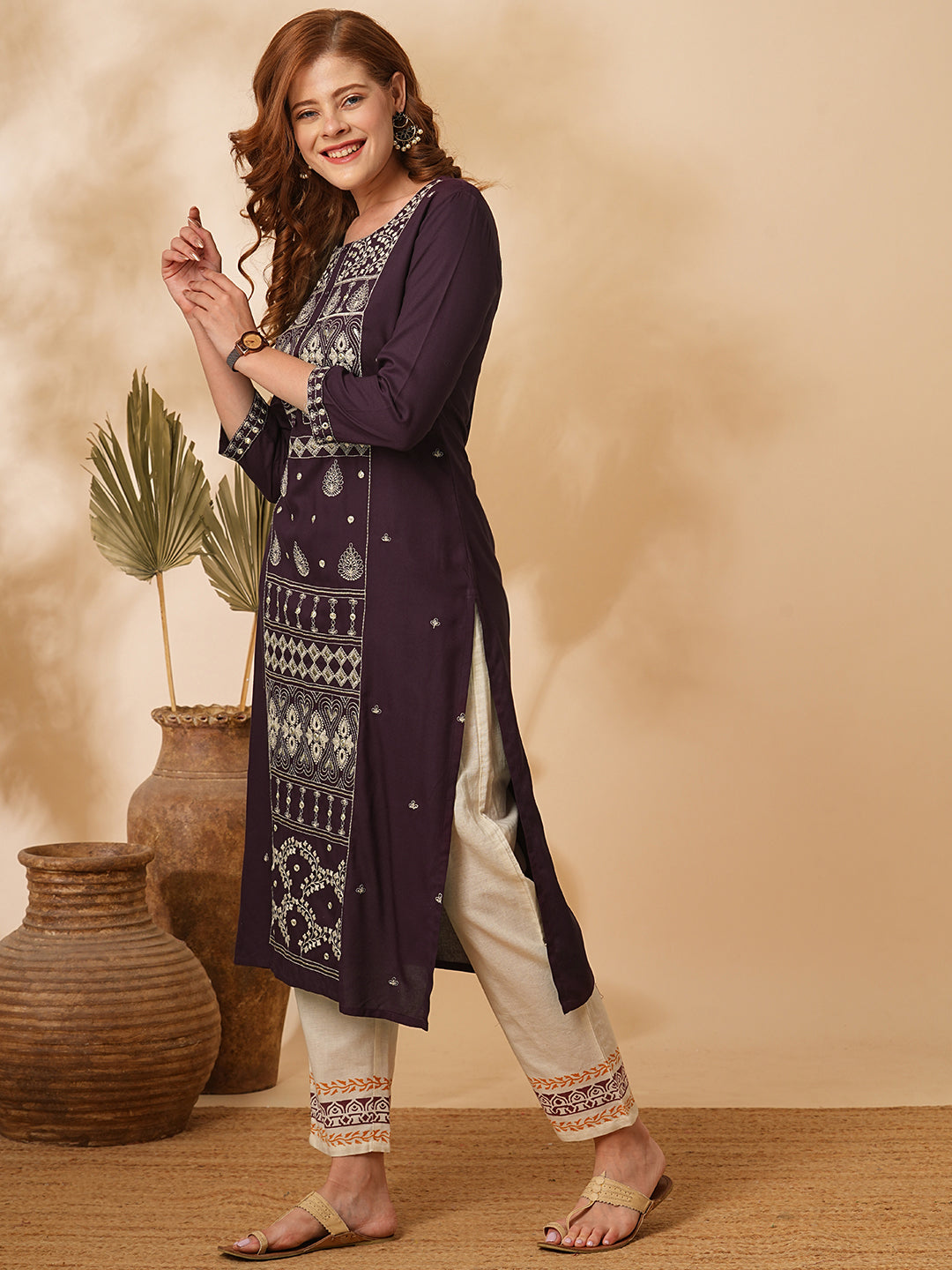 Ethnic Floral Zari & Mirror Embroidered Straight Fit Kurta - Brown